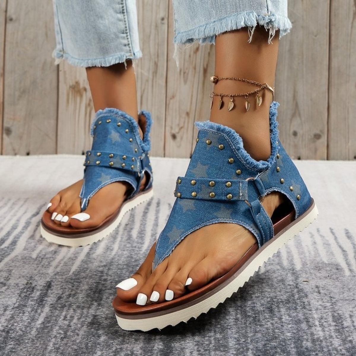 Studded Raw Hem Flat Sandals - Body By J'ne