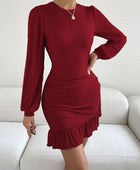 Ruffled Round Neck Long Sleeve Mini Dress - Body By J'ne