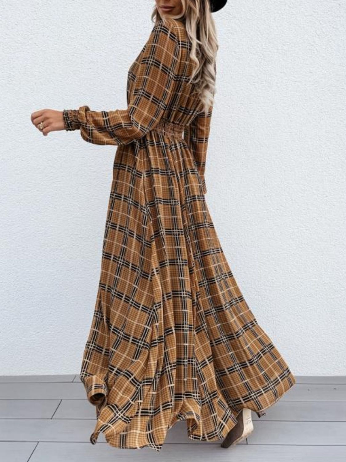 Slit Plaid Tie Neck Long Sleeve Maxi Dress - Body By J'ne