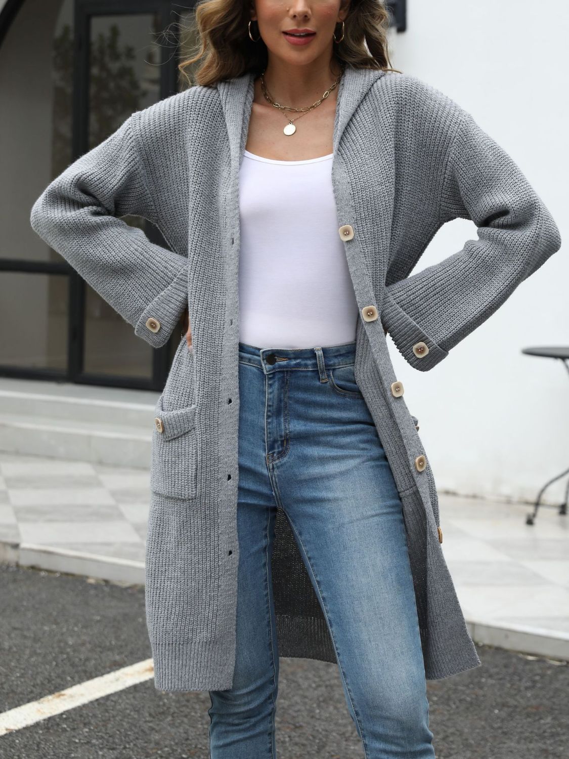 Pocketed Button Up Long Sleeve Hooded Cardigan - Body By J'ne