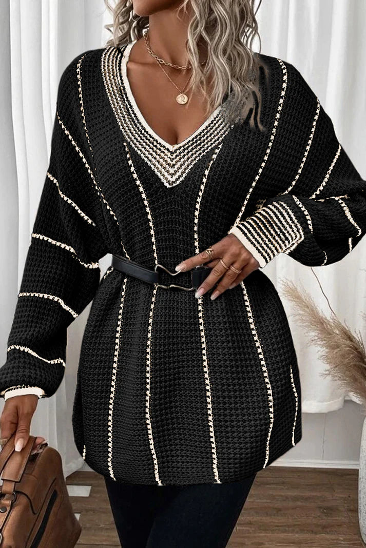 Striped V-Neck Long Sleeve Sweater - Body By J'ne