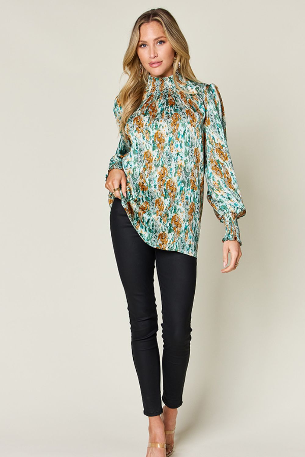 Full Size Printed Smocked Long Sleeve Blouse - Body By J'ne