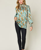 Full Size Printed Smocked Long Sleeve Blouse - Body By J'ne