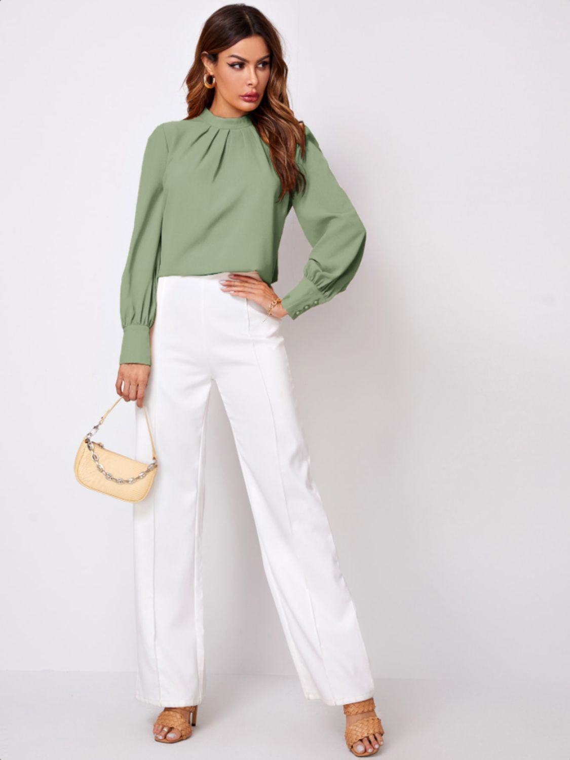 Ruched Mock Neck Long Sleeve Blouse - Body By J'ne