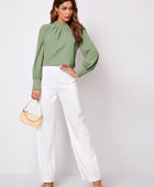 Ruched Mock Neck Long Sleeve Blouse