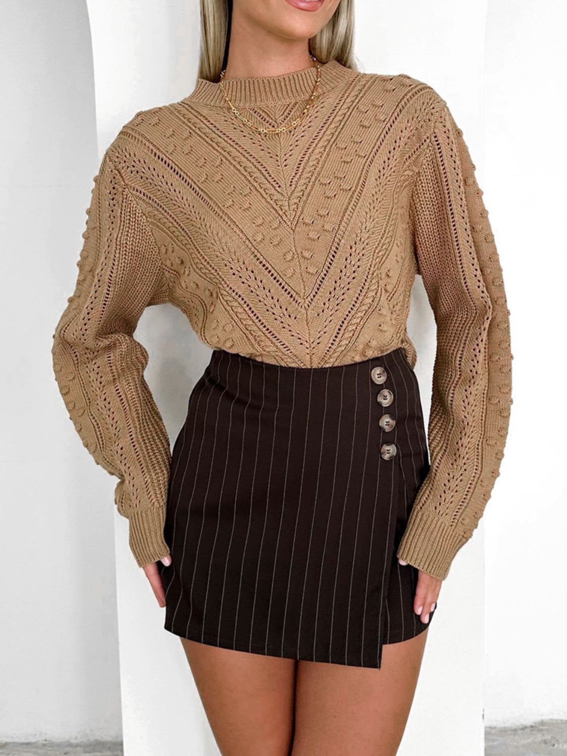 Perfee Openwork Round Neck Long Sleeve Sweater - Body By J'ne