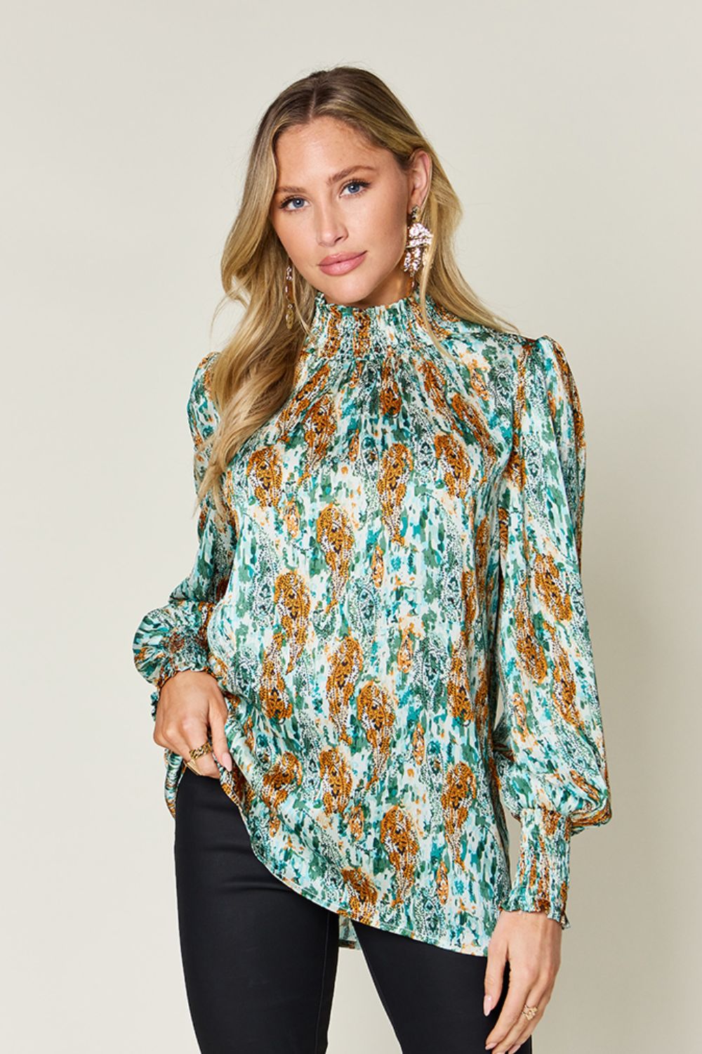 Full Size Printed Smocked Long Sleeve Blouse - Body By J'ne