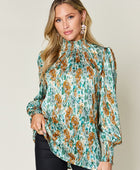 Full Size Printed Smocked Long Sleeve Blouse - Body By J'ne