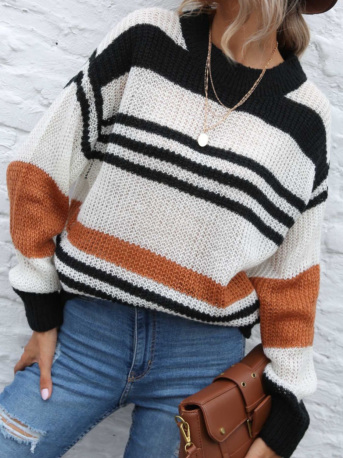 Contrast Striped Round Neck Long Sleeve Sweater - Body By J'ne