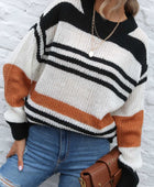 Contrast Striped Round Neck Long Sleeve Sweater