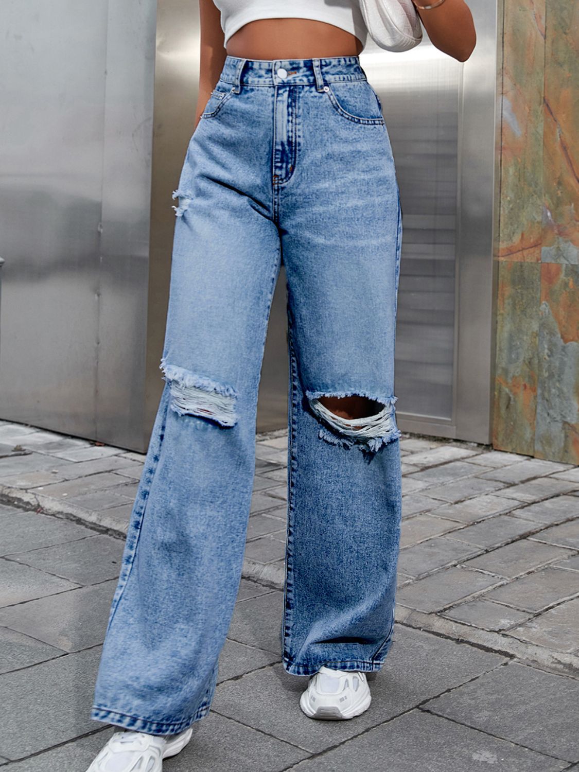 Distressed Wide Leg Jeans with Pockets - Body By J'ne