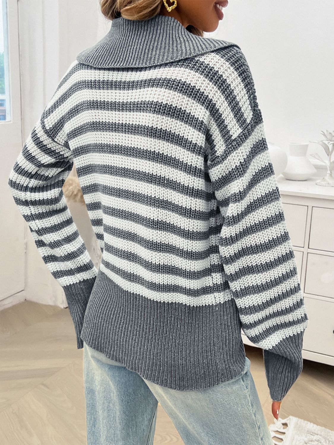 Devine Striped Collared Neck Long Sleeve Sweater