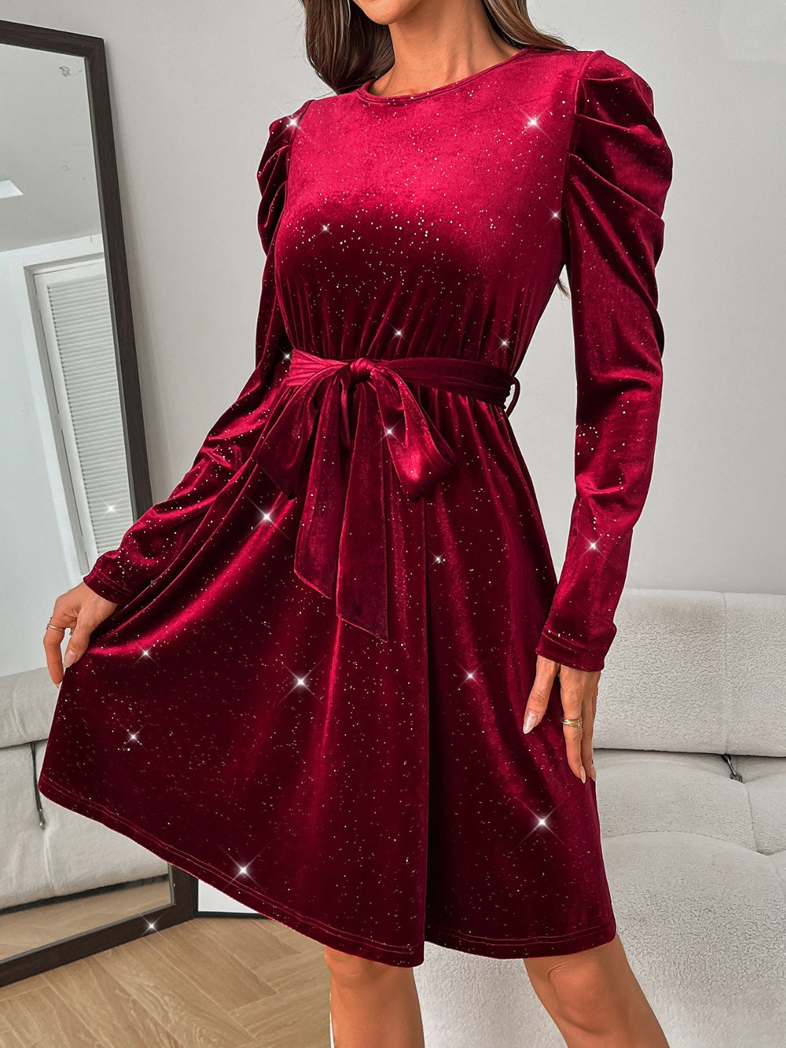 Glitter Round Neck Puff Sleeve Dress - Body By J'ne