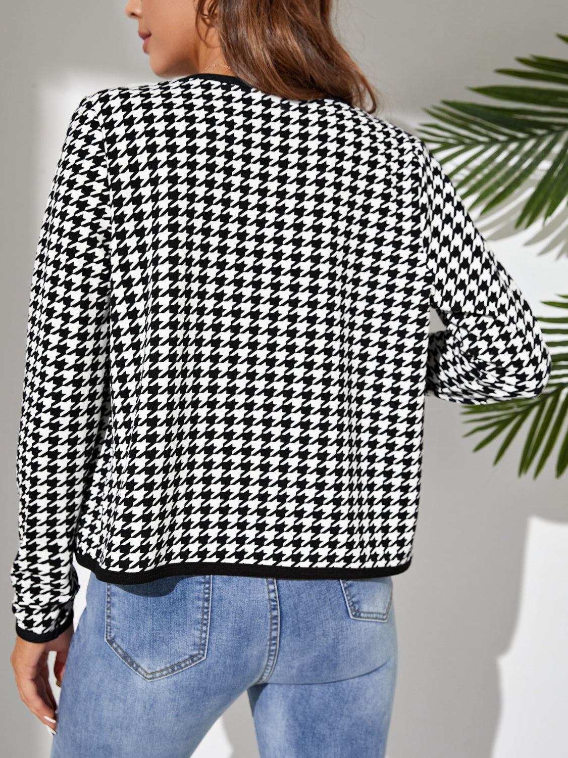 Houndstooth Open Front Long Sleeve Jacket - Body By J'ne