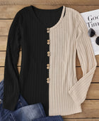 Decorative Button Contrast Round Neck Long Sleeve T-Shirt