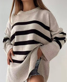 Slit Striped Round Neck Sweater