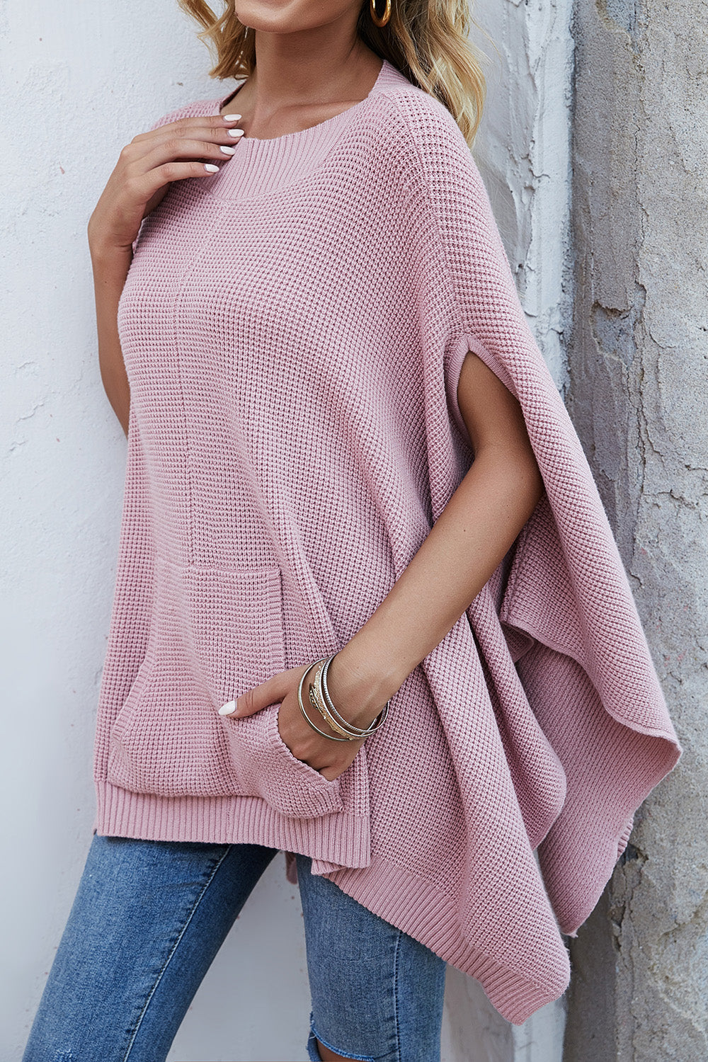 Waffle-Knit Pocketed Cape Sleeve Sweater - Body By J'ne