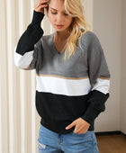 Color Block V Neck Long Sleeve Sweater