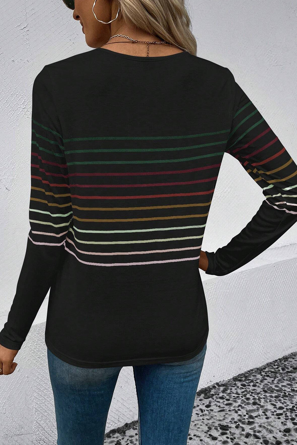 Striped Round Neck Long Sleeve T-Shirt - Body By J'ne