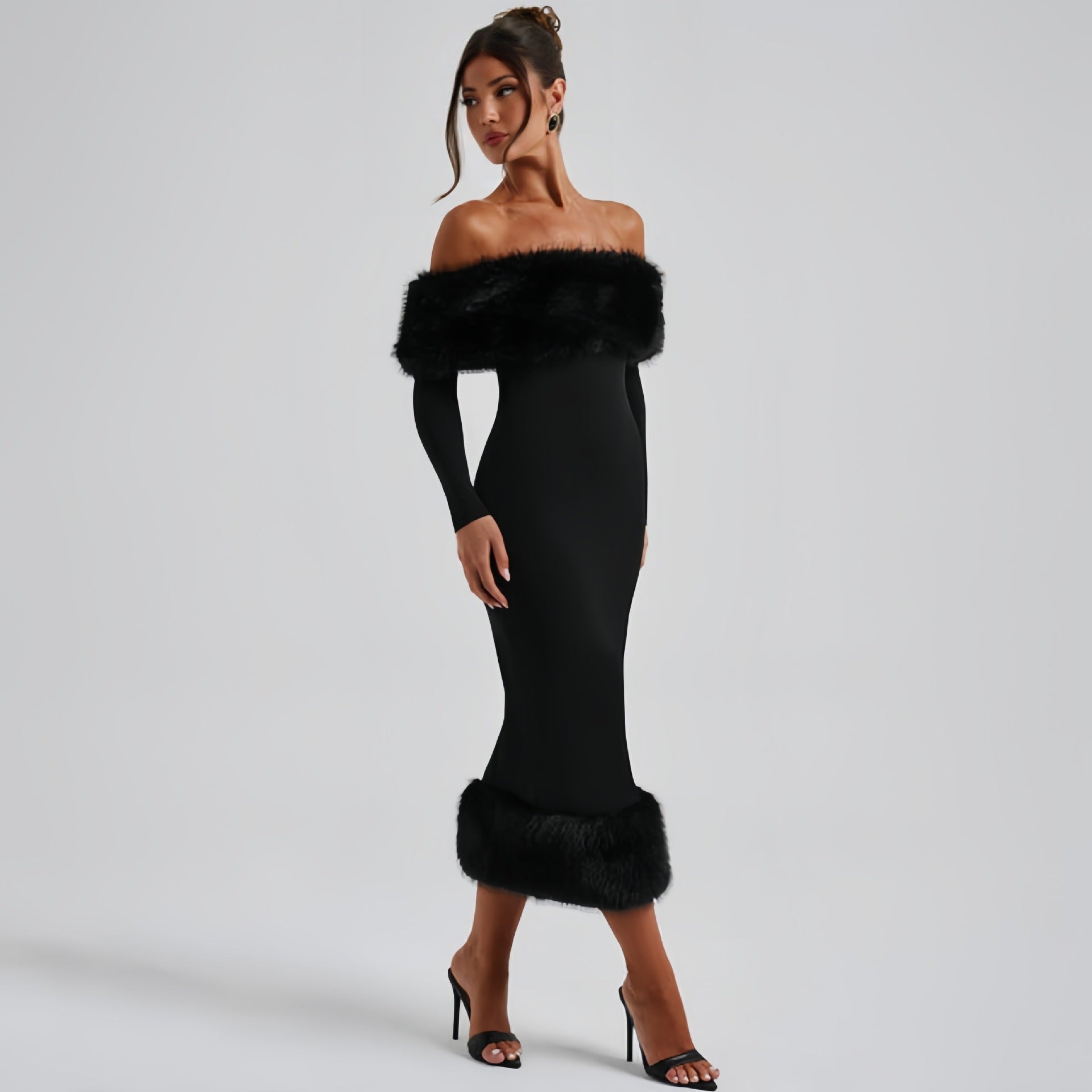 Adrianna Fur Collar Long Sleeve Dress