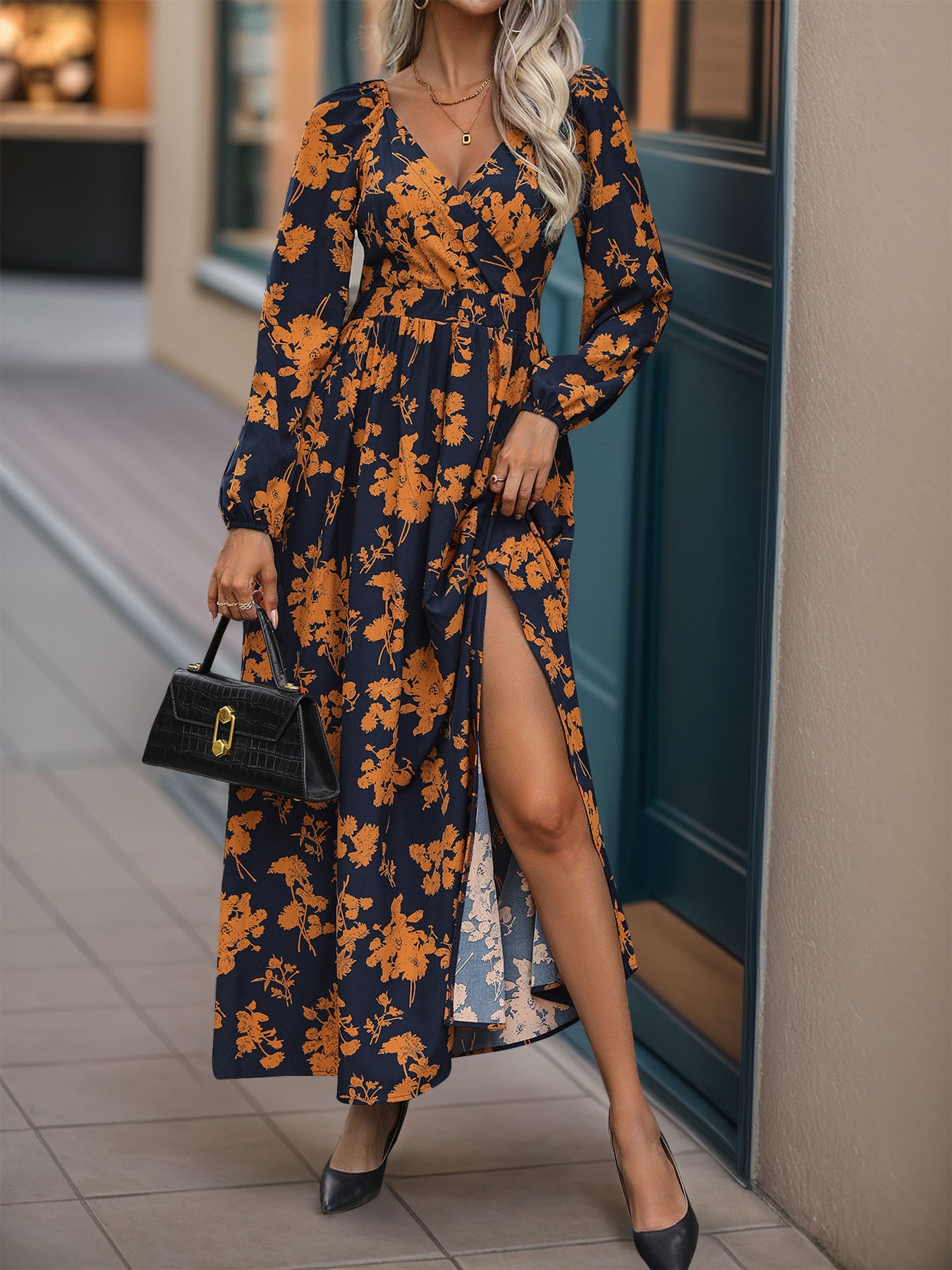 Perfee Split Printed Surplice Long Sleeve Midi Dress - Body By J'ne
