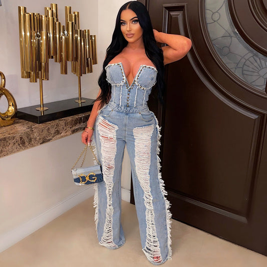 Tassel Hole Rhinestone Washing Water Denim Jumpsuit - Body By J'ne