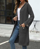 Pocketed Button Up Long Sleeve Hooded Cardigan