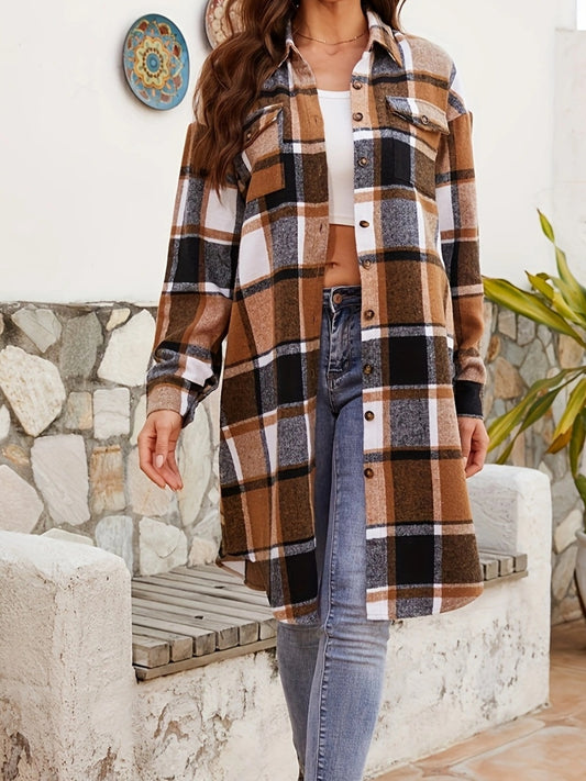 Plaid Collared Neck Long Sleeve Jacket - Body By J'ne