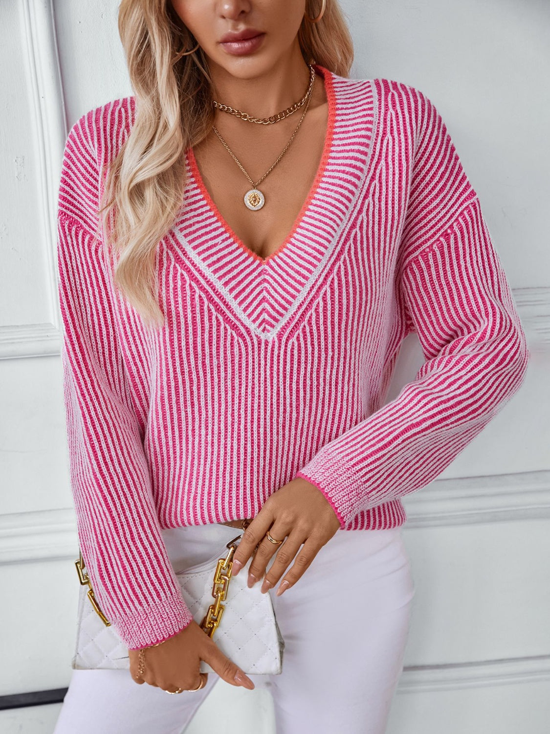 Striped V-Neck Long Sleeve Sweater - Body By J'ne
