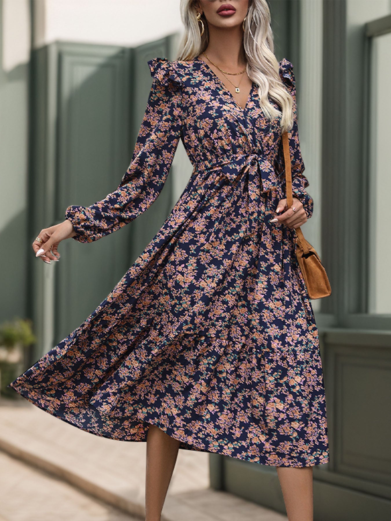Perfee Printed Surplice Long Sleeve Midi Dress - Body By J'ne