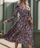 Perfee Printed Surplice Long Sleeve Midi Dress