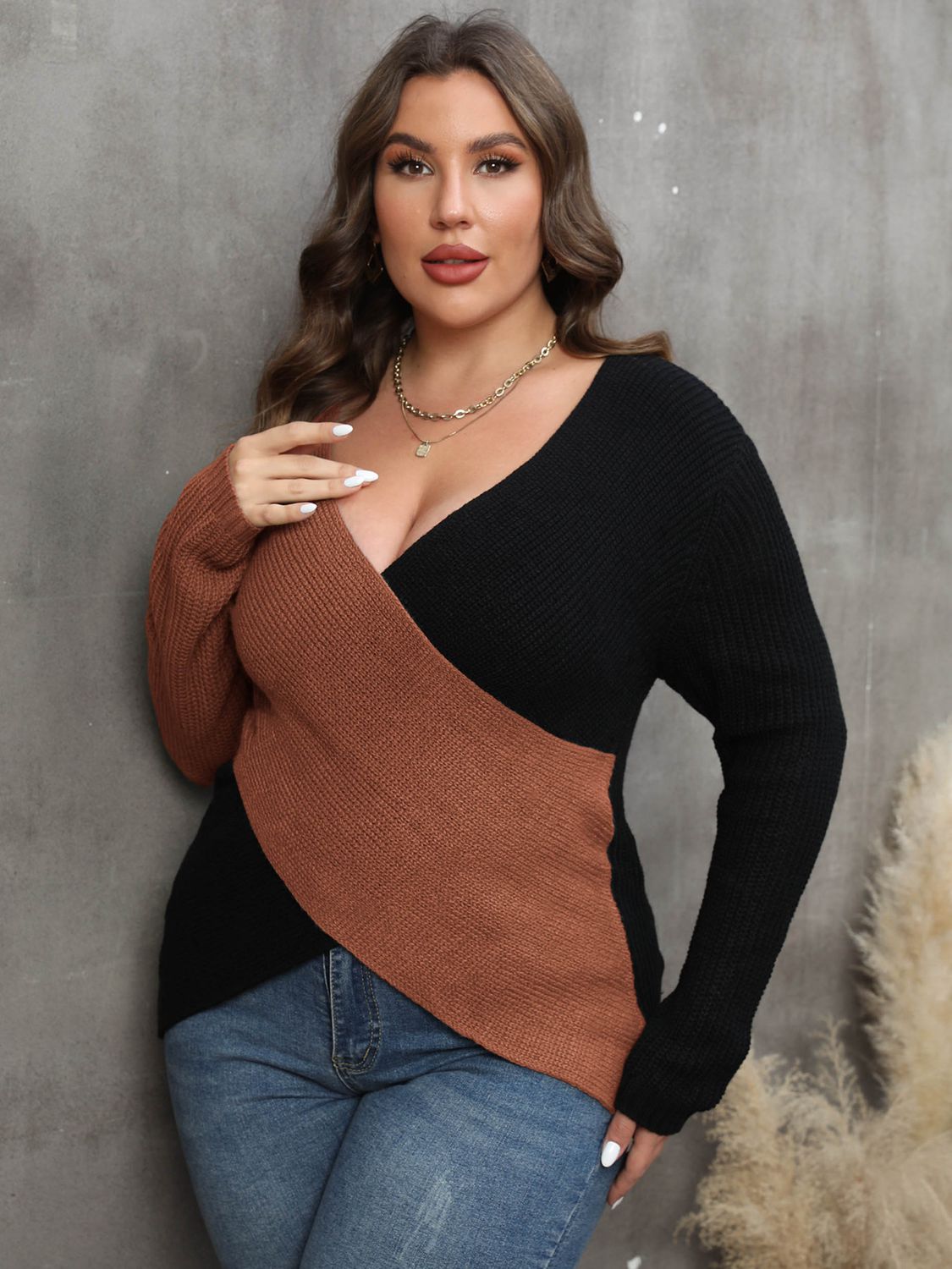 Two-Tone Surplice Neck Sweater - Body By J'ne