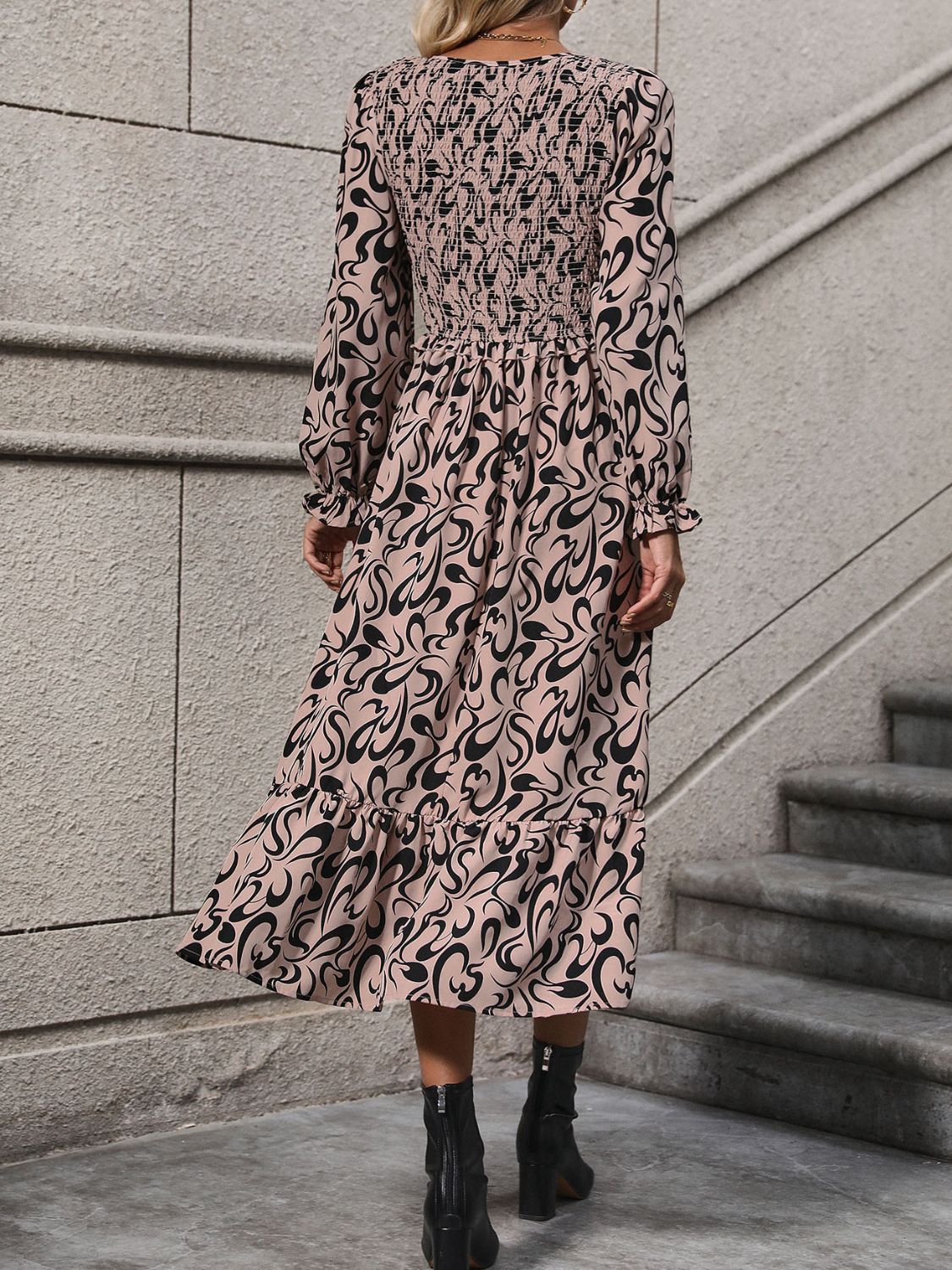 Perfee Printed V-Neck Long Sleeve Midi Dress - Body By J'ne