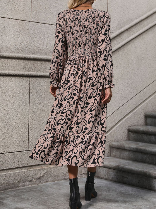 Perfee Printed V-Neck Long Sleeve Midi Dress - Body By J'ne