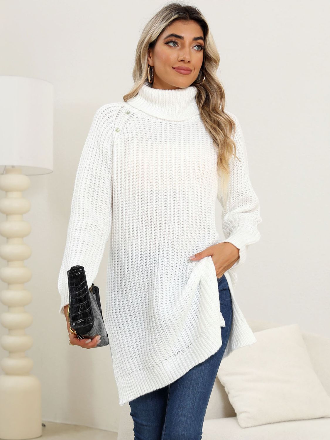 Slit Turtleneck Long Sleeve Sweater - Body By J'ne