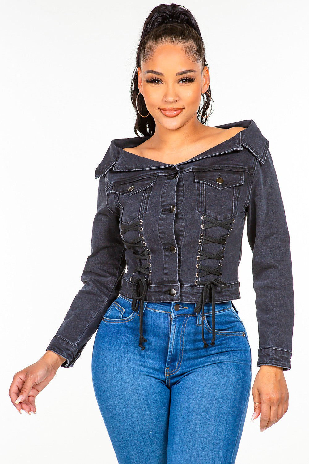 Off Shoulder Lace Up Denim Jacket - Body By J'ne