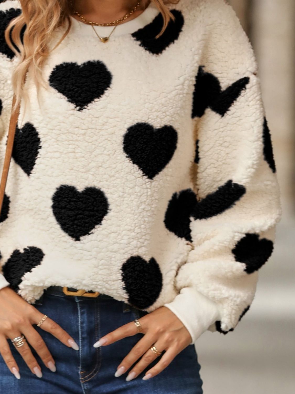 Fuzzy Heart Dropped Shoulder Sweatshirt - Body By J'ne