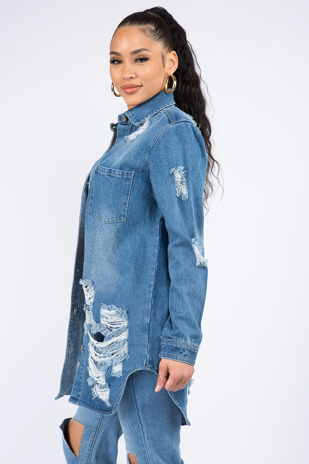 Distressed Button Down Denim Shirt Jacket - Body By J'ne