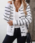 Striped Button Up Long Sleeve Hooded Cardigan