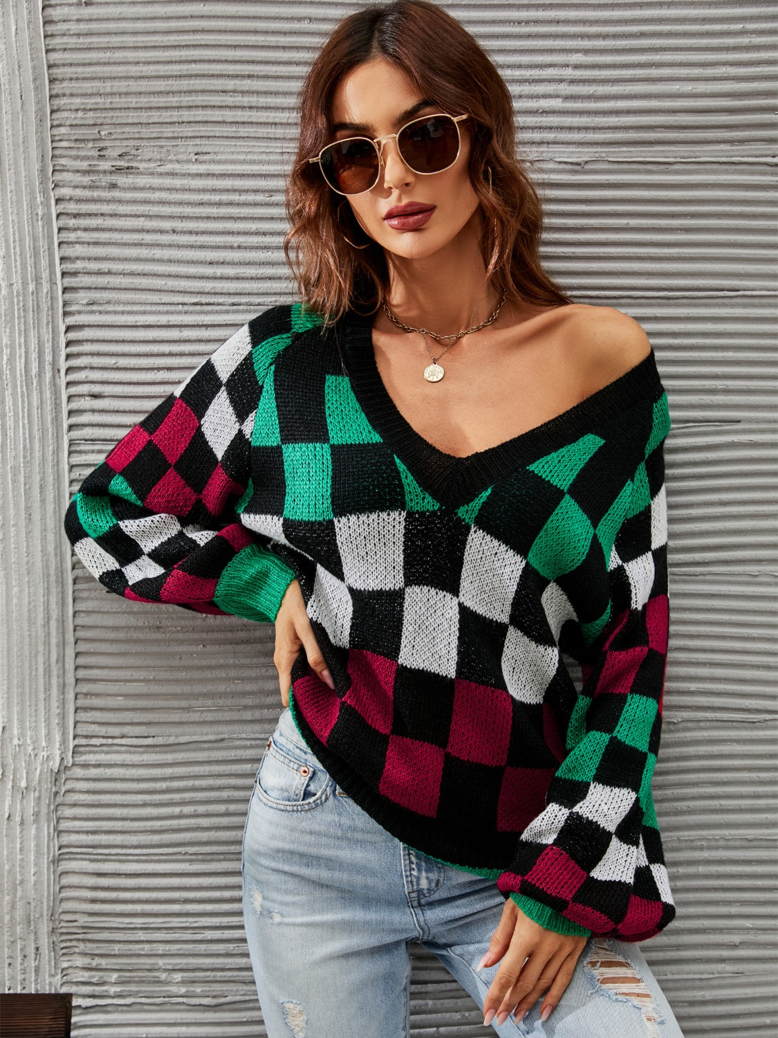 Checkered V-Neck Lantern Sleeve Sweater - Body By J'ne