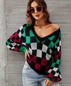 Checkered V-Neck Lantern Sleeve Sweater - Body By J'ne