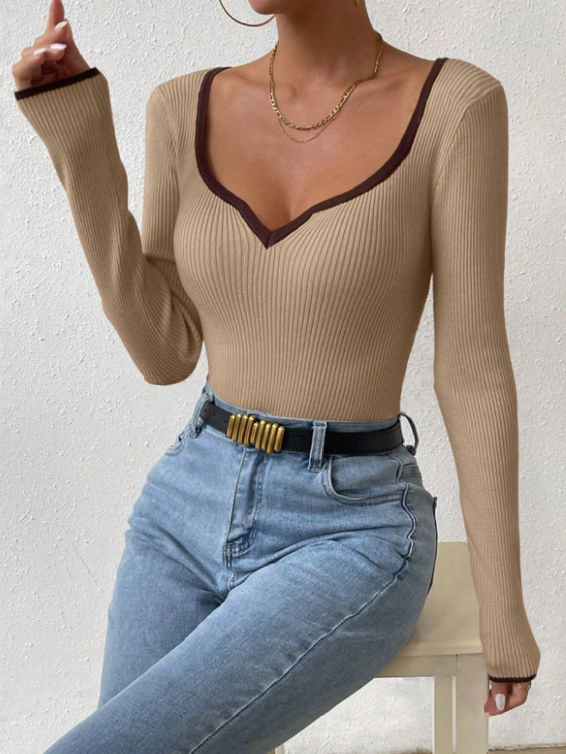 Contrast Trim Long Sleeve Knit Top