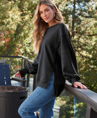 Slit Round Neck Long Sleeve Sweatshirt