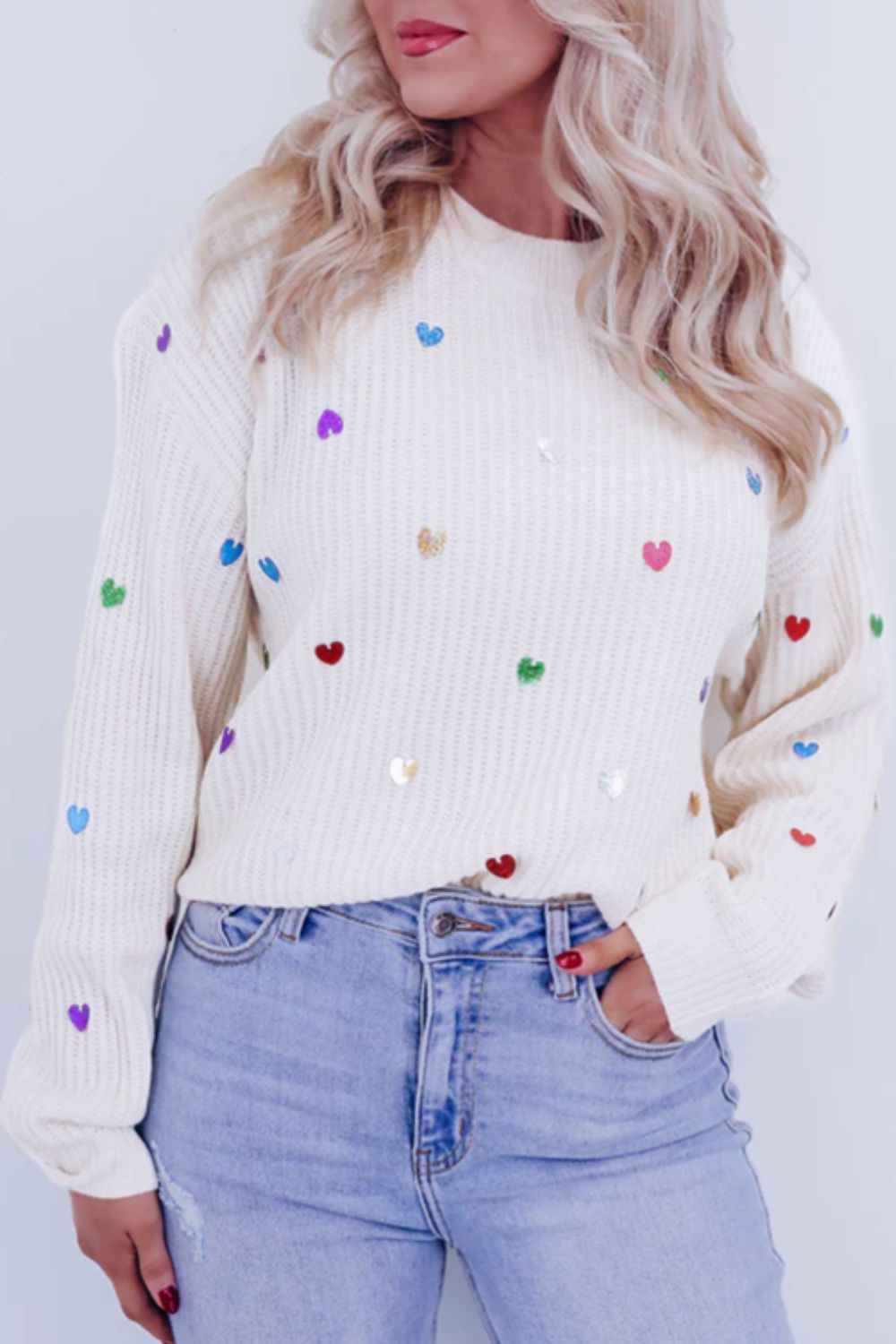 Heart Sequin Round Neck Long Sleeve Sweater