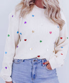 Heart Sequin Round Neck Long Sleeve Sweater