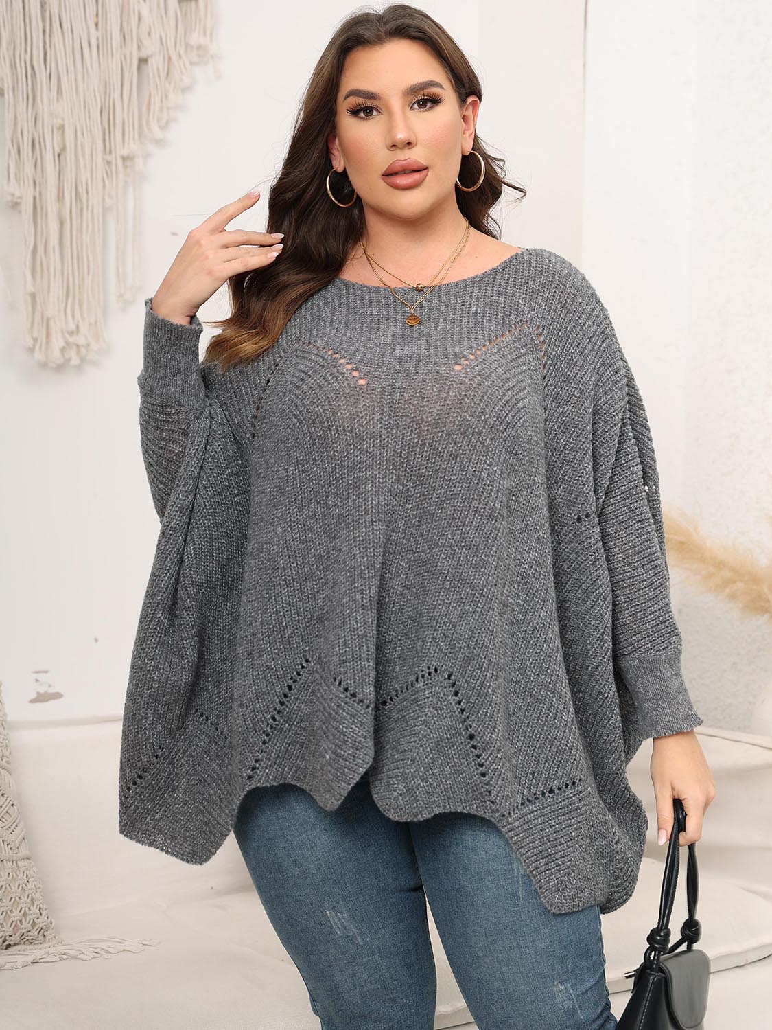 Plus Size Round Neck Batwing Sleeve Sweater - Body By J'ne