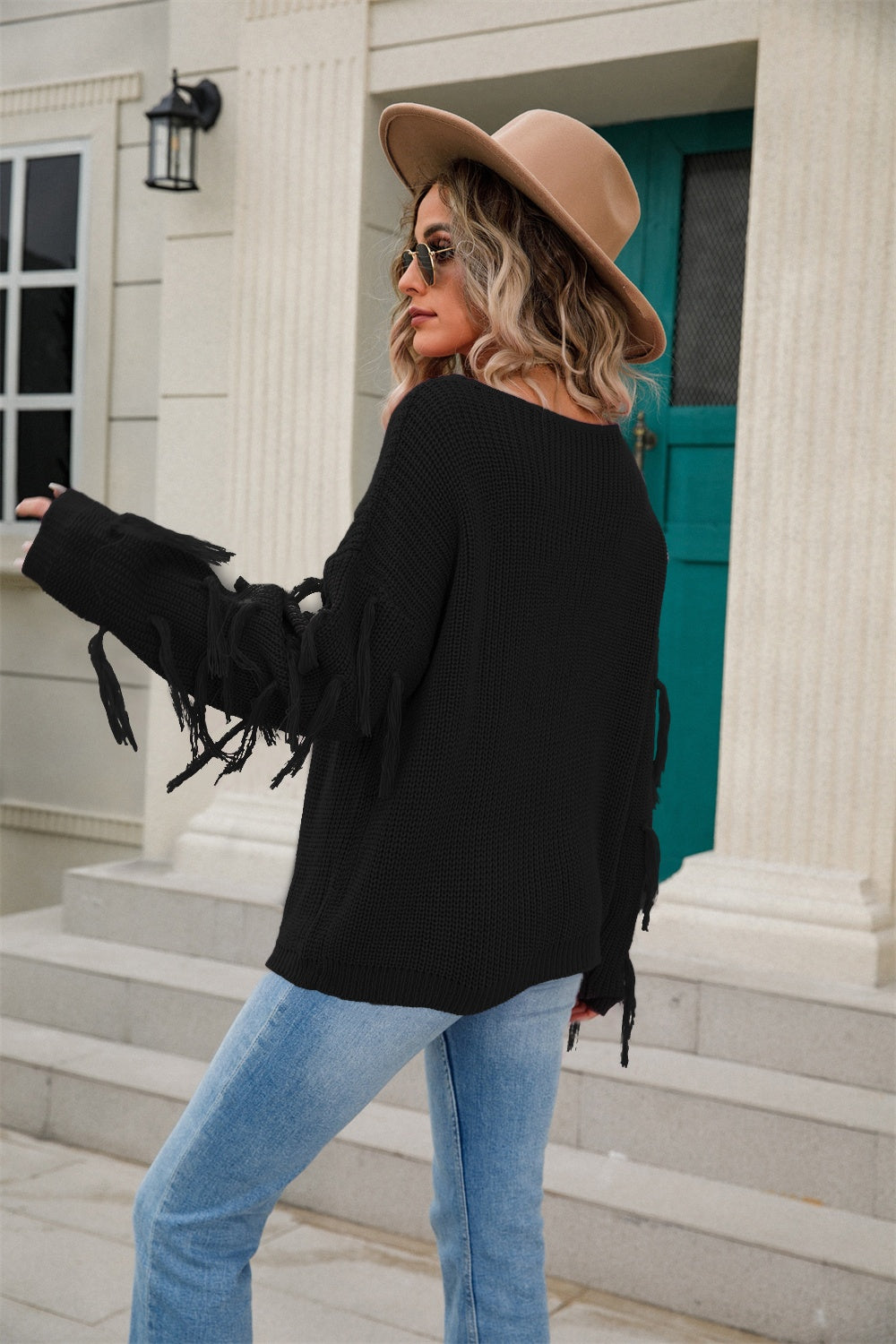 Fringe Round Neck Dropped Shoulder Sweater - Body By J'ne