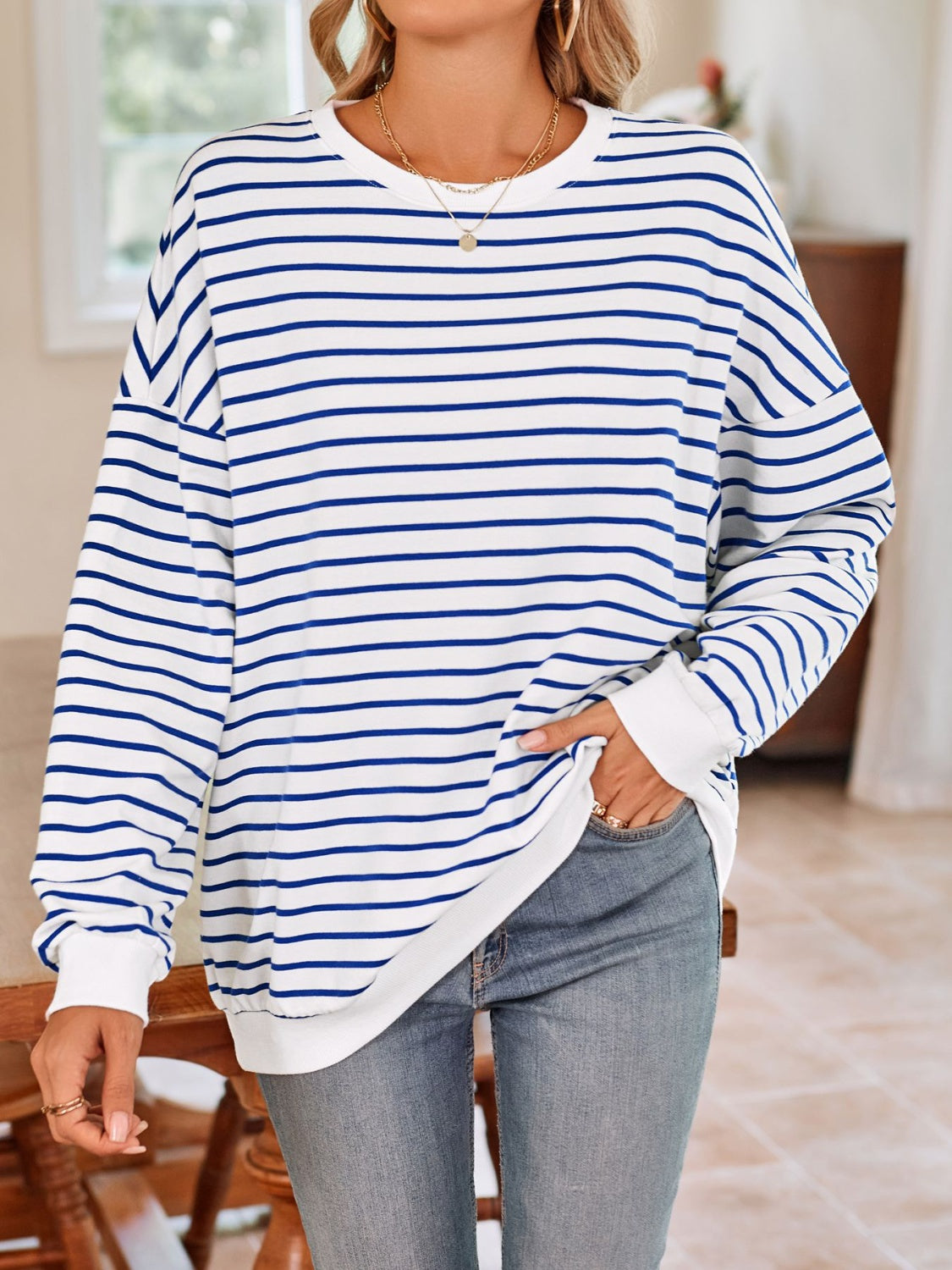 Lovelet Striped Round Neck Long Sleeve Sweatshirt - Body By J'ne