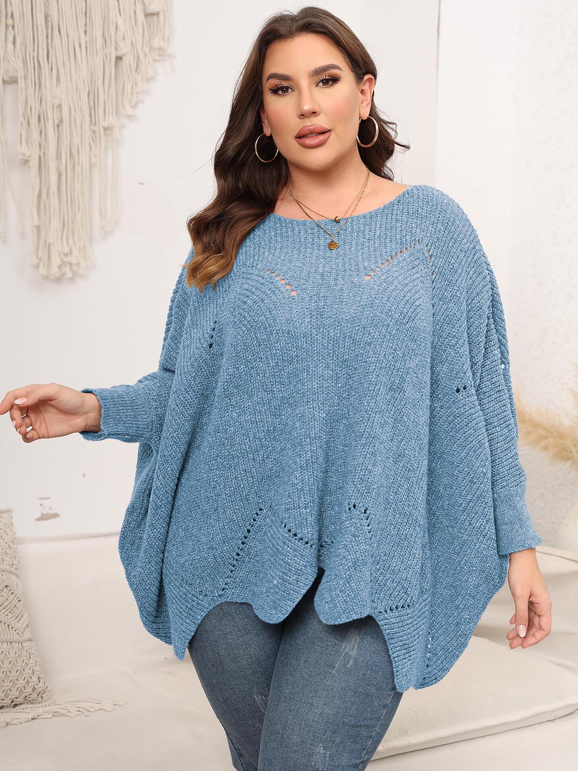 Plus Size Round Neck Batwing Sleeve Sweater - Body By J'ne