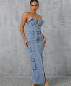 Slit Half Button Tube Denim Dress